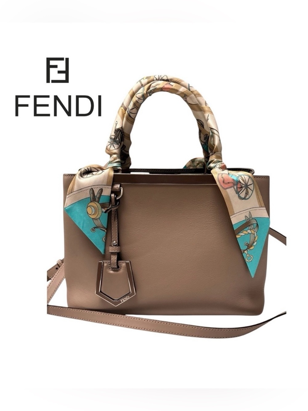 FENDI Vitello Petite 2Jours Calfskin Satchel Crossbody Tortora Carbone Taupe COA